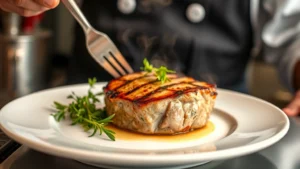 Professional chef plating a perfectly seared pork chop with herb garnish on white ceramic plate, warm kitchen lighting, steam rising, shallow depth of field