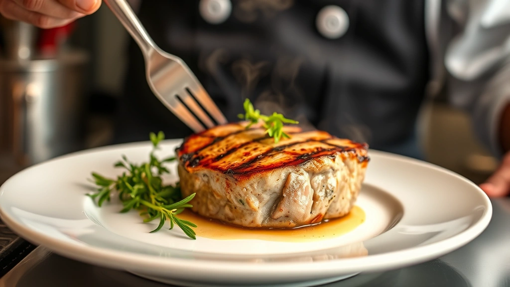 Professional chef plating a perfectly seared pork chop with herb garnish on white ceramic plate, warm kitchen lighting, steam rising, shallow depth of field