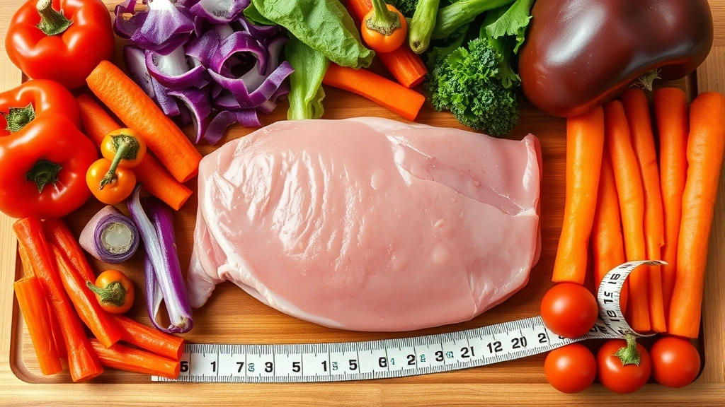 Colorful raw vegetables and lean pork chop arranged on wooden cutting board with measuring tape, representing meal planning and nutrition analysis, natural daylight