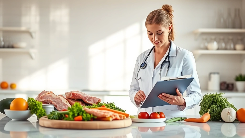 Professional dietitian analyzing nutritional data on clipboard in bright clinical setting, surrounded by fresh pork chops and vegetables on marble counter, warm natural lighting