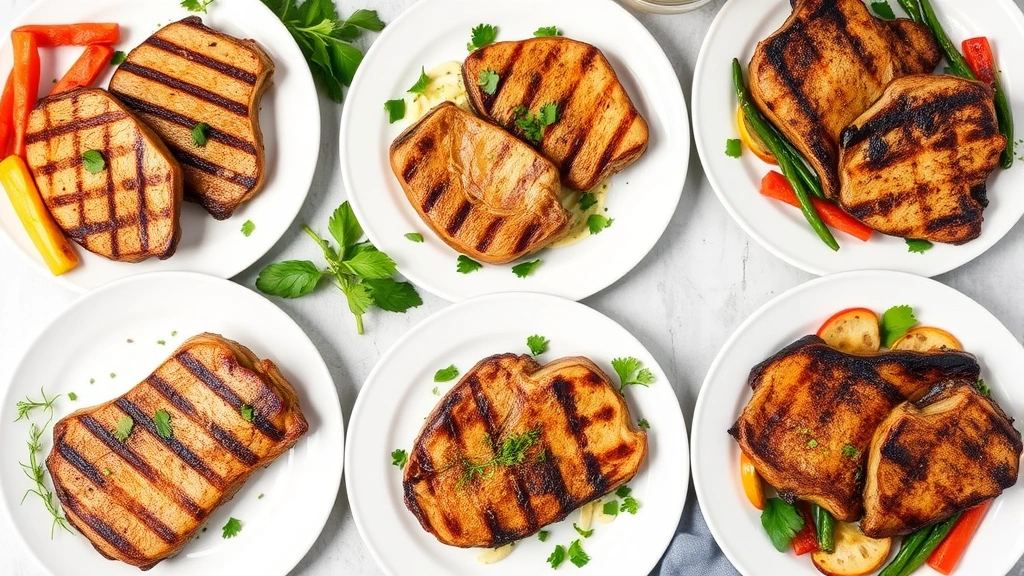 Array of cooked pork chops prepared using different methods—grilled, baked, pan-seared—arranged on white plates with fresh herbs and colorful vegetables, professional food photography