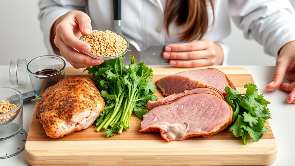 Nutritionist explaining portion sizes with measuring tools, lean pork cuts displayed on cutting board with complementary foods like whole grains and leafy greens, educational composition