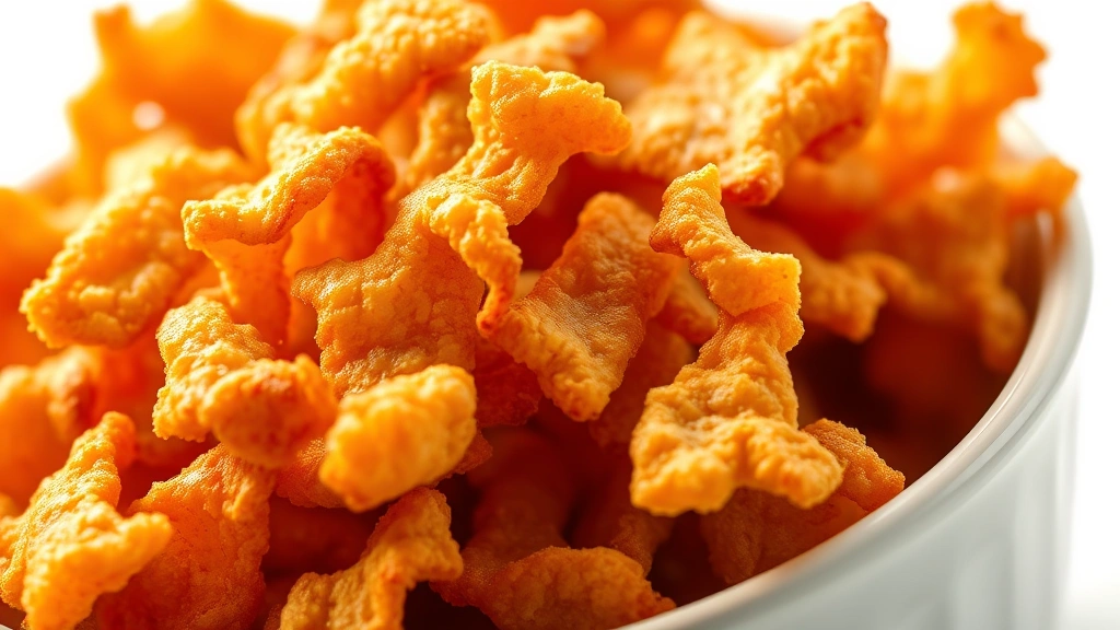 Close-up of golden, crispy pork rinds in a white ceramic bowl with dramatic overhead lighting, shallow depth of field, food photography style, warm natural lighting, isolated white background, professional culinary presentation