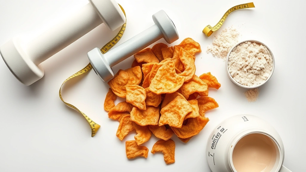 Flat lay composition showing pork rinds, measuring tape, dumbbells, and protein powder on a fitness-focused surface with minimalist aesthetic, clean white background, modern wellness photography, macro detail of rind texture visible