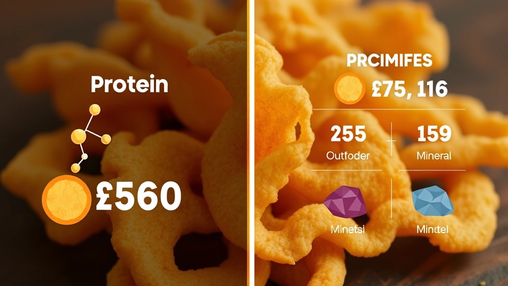 Split-screen nutritional infographic visualization showing macronutrient breakdown of pork rinds with protein molecules, fat composition, and mineral icons overlaid on photorealistic pork rind background, scientific illustration style, no text elements