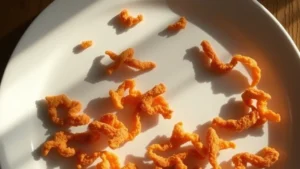 Close-up overhead shot of scattered crispy pork rinds on a white ceramic plate with natural morning sunlight creating shadows, minimalist food photography style, warm tones