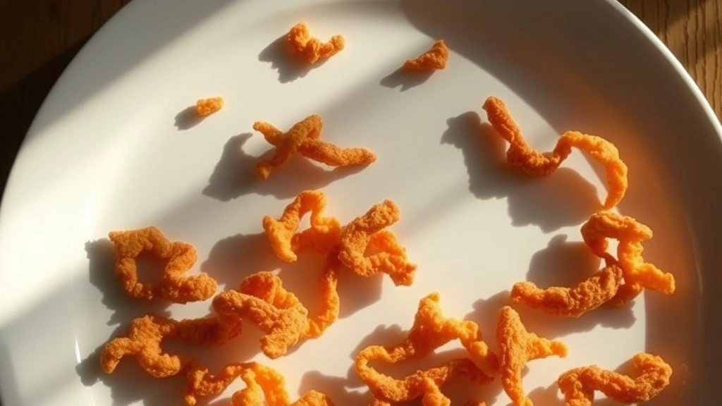 Close-up overhead shot of scattered crispy pork rinds on a white ceramic plate with natural morning sunlight creating shadows, minimalist food photography style, warm tones