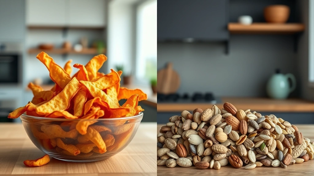 Split-screen comparison showing a bowl of pork rinds on one side and a variety of nuts, seeds, and whole food snacks on the other side, modern kitchen setting with soft diffused lighting