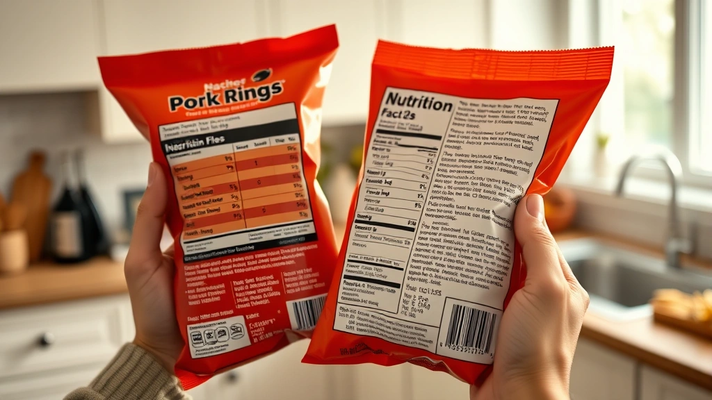Hands holding a nutrition label and pork rinds package, examining the ingredient list in a bright kitchen, realistic lifestyle photography showing informed consumer decision-making