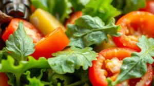 Close-up of vibrant fresh salad greens with colorful bell peppers, tomatoes, and leafy vegetables glistening with water droplets, natural daylight, professional food photography, shallow depth of field, no text or labels visible