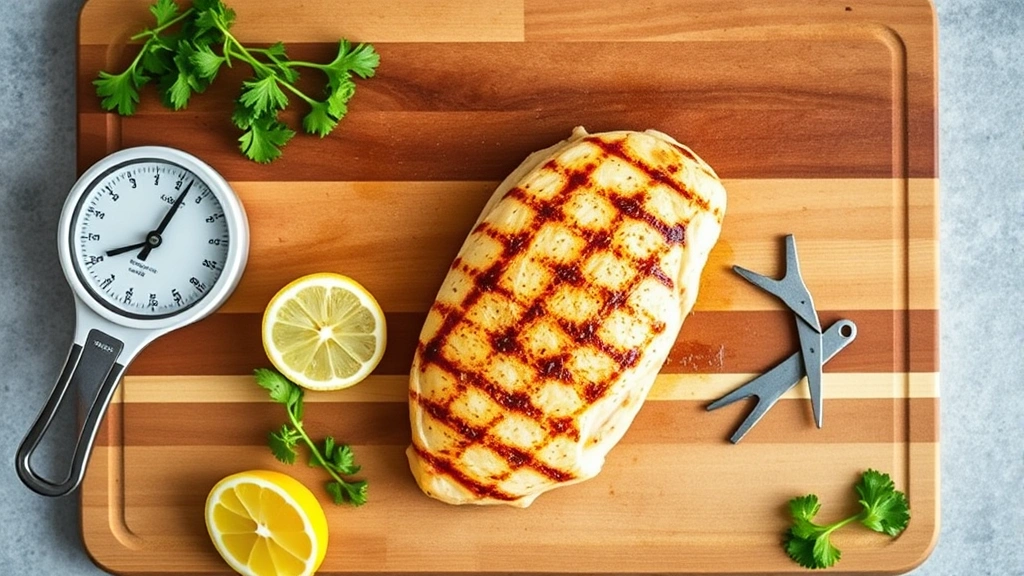 Overhead flat lay of grilled chicken breast on wooden cutting board with fresh herbs, lemon slices, and measuring scale nearby, bright natural lighting, culinary magazine style, clean minimalist composition, no visible text