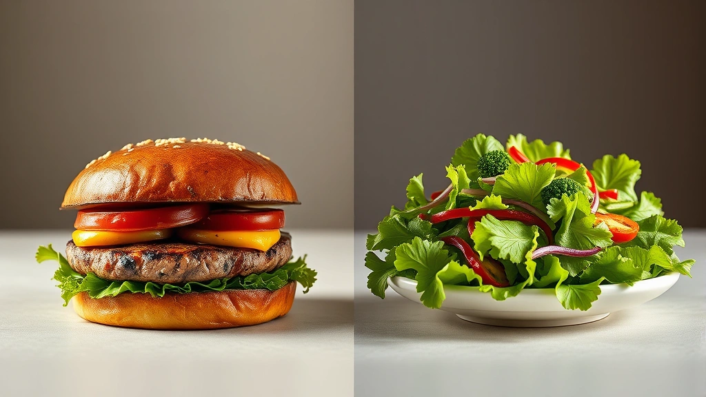 Split-screen comparison showing charbroiled burger on left side and fresh green salad on right side, professional food styling, warm studio lighting, neutral background, nutritional contrast visualization, no text elements