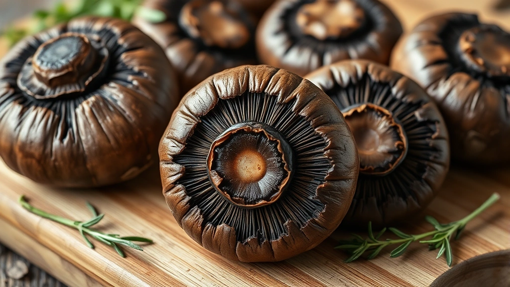 Close-up of fresh portobello mushroom caps showing dark brown texture and gills, arranged on wooden cutting board with scattered fresh herbs like thyme and rosemary, professional food photography style, natural lighting