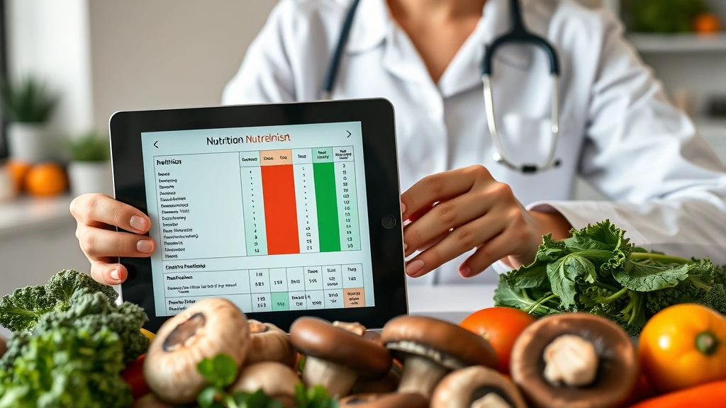 Nutritionist reviewing detailed nutrient breakdown chart of portobello mushrooms on tablet device, surrounded by fresh mushrooms and vegetables, modern clinical nutrition office setting, professional photography