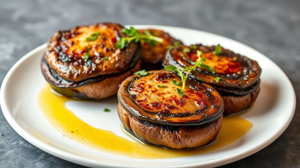 Beautifully arranged roasted portobello mushroom steaks on white plate with olive oil drizzle and fresh herbs garnish, steam rising, appetizing food styling, restaurant-quality presentation photography