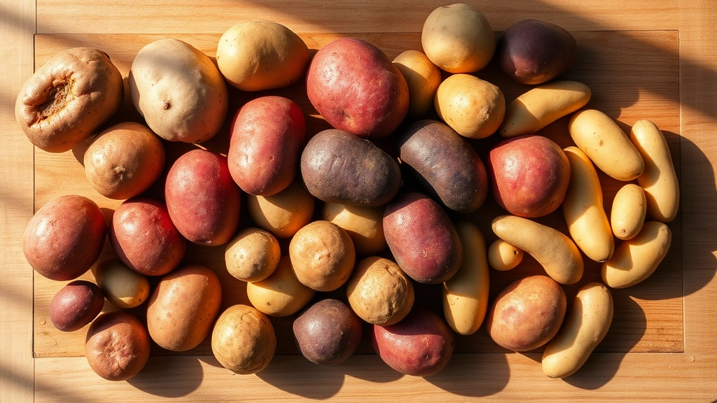 Overhead flat lay of assorted fresh potatoes including russet, red, purple, and fingerling varieties on a wooden cutting board with water droplets, natural sunlight creating warm shadows, photorealistic food photography style, no text or labels visible, earthy tones emphasizing variety