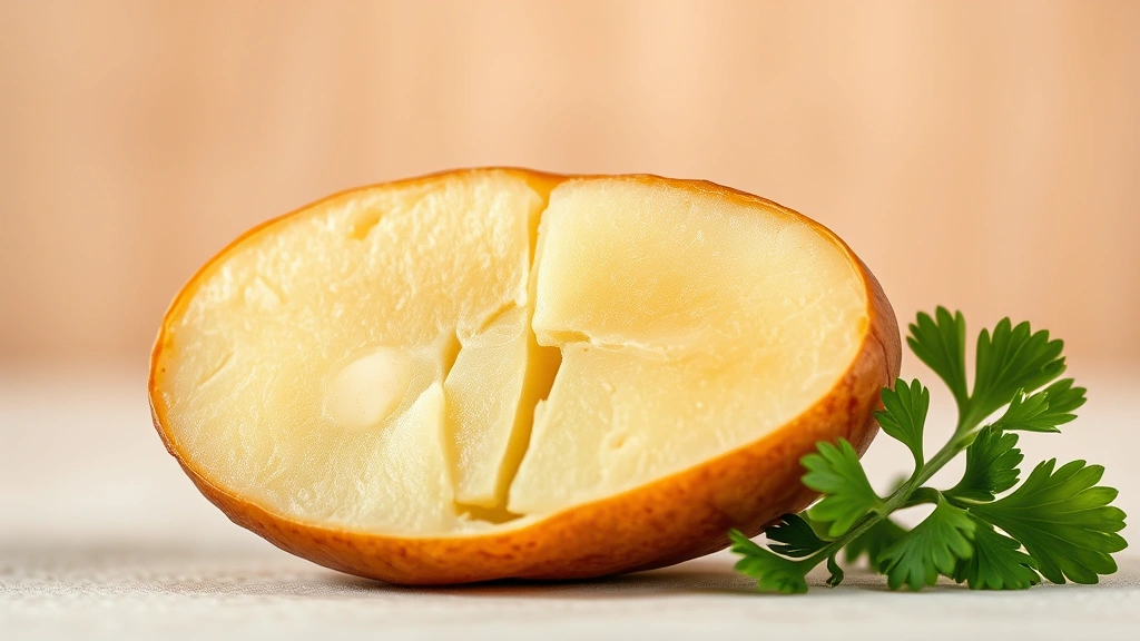 Close-up macro photography of a halved boiled potato showing internal texture and steam rising, with skin visible, fresh herbs like parsley nearby, minimalist composition against neutral background, warm professional lighting, no text or watermarks, emphasizing nutritional density and preparation methods