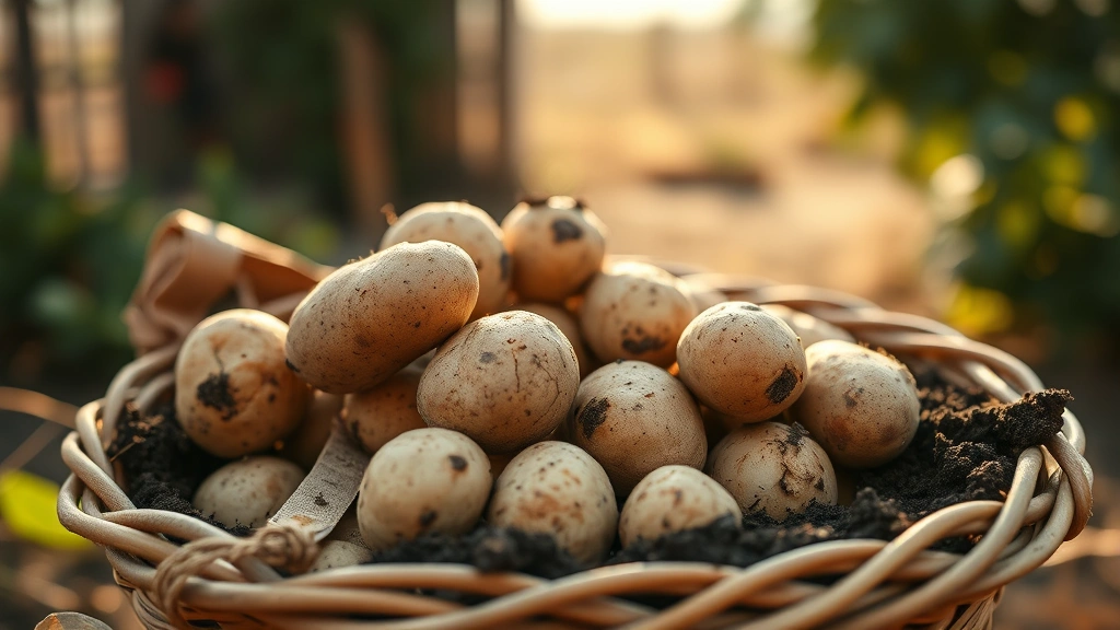 Vibrant action shot of freshly harvested potatoes in a rustic woven basket with soil still visible, natural outdoor garden lighting, selective focus on texture details, warm golden hour sunlight, no visible text or branding, earthy and organic aesthetic emphasizing whole food nutrition