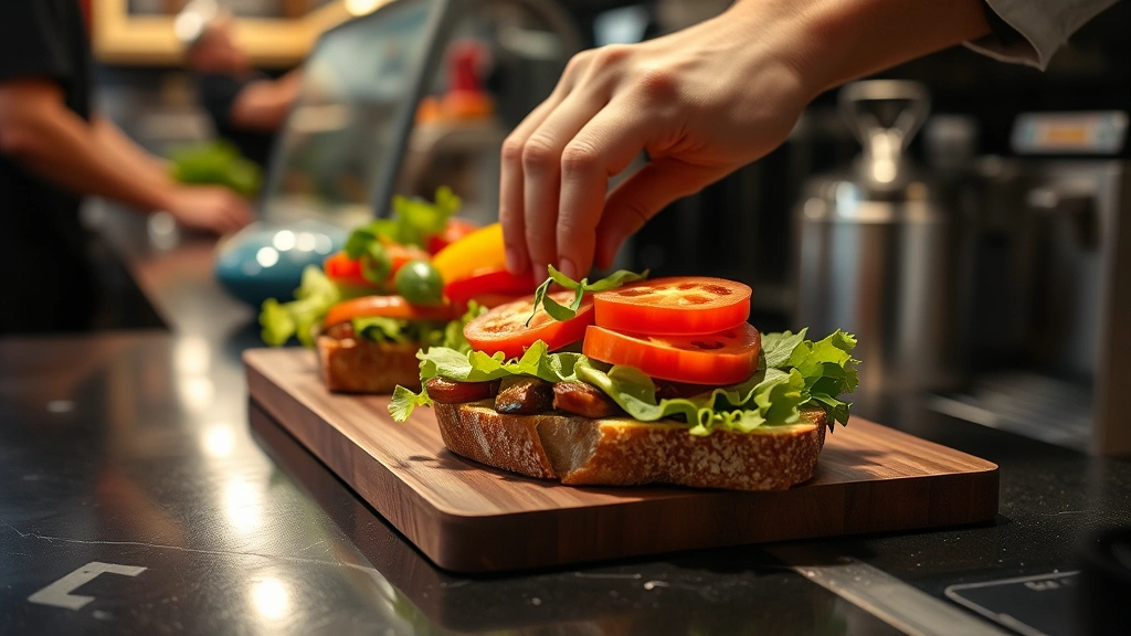 Close-up of hands assembling a custom sandwich at a casual restaurant counter, showing fresh vegetables being added to bread with professional focus