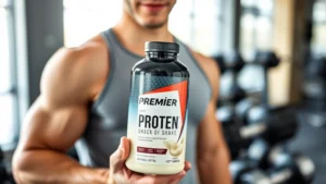 Professional fitness enthusiast holding Premier Protein shake bottle in modern gym environment with dumbbells and training equipment visible in soft-focus background, natural lighting emphasizing the product