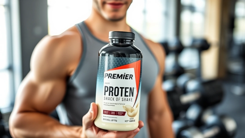 Professional fitness enthusiast holding Premier Protein shake bottle in modern gym environment with dumbbells and training equipment visible in soft-focus background, natural lighting emphasizing the product