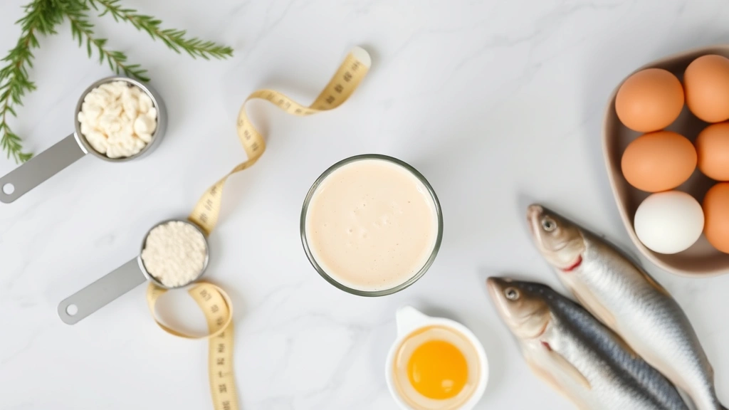 Overhead flat lay of protein shake in glass with powder scoop, measuring tape, and fresh protein-rich foods like eggs and fish arranged artfully on marble countertop, minimalist nutrition aesthetic