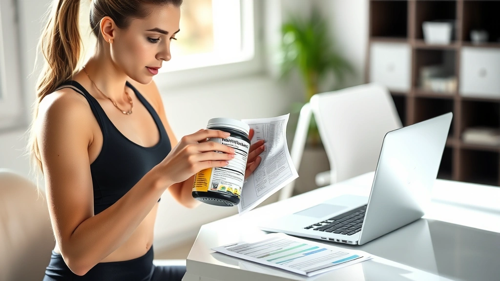 Athletic woman reviewing nutrition label information on protein supplement bottle, sitting at clean desk with laptop and nutrition tracking documents, focused concentrated expression, natural daylight