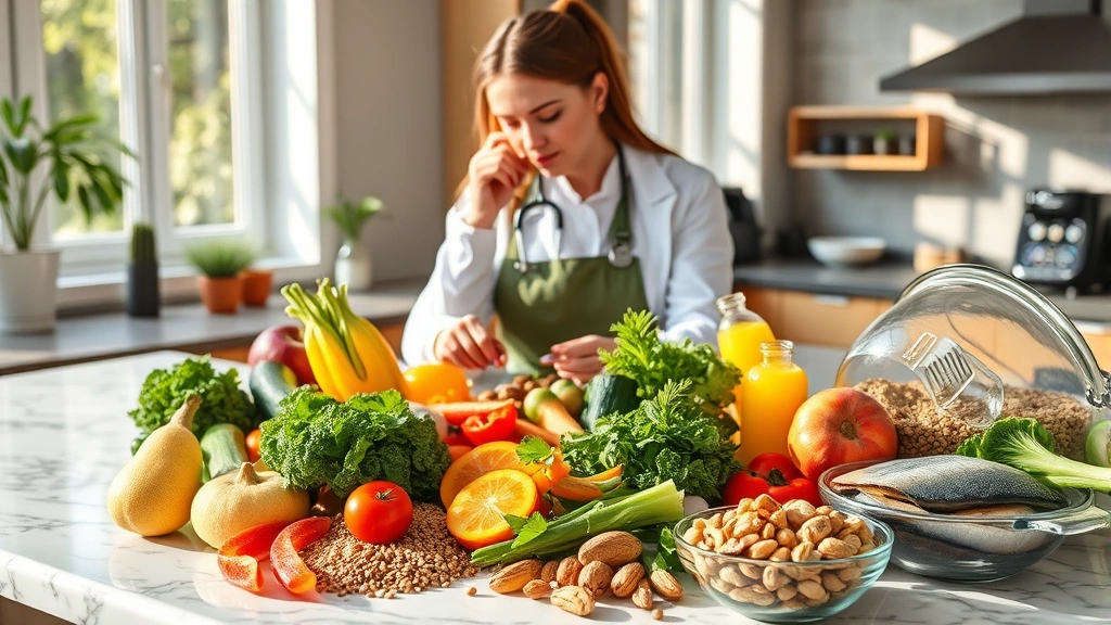 Professional nutritionist analyzing colorful array of fresh vegetables, whole grains, nuts, and fish on marble counter with natural morning light streaming through windows