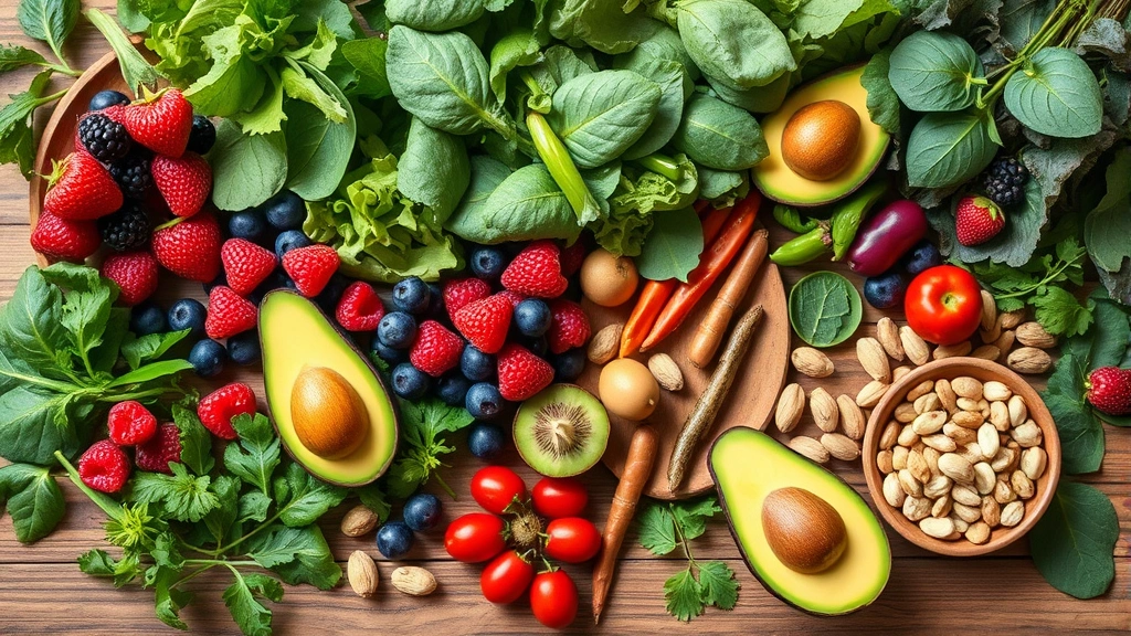 Overhead flat lay composition featuring vibrant fresh produce including leafy greens, berries, avocados, legumes, and nuts arranged artfully on wooden surface with soft natural lighting