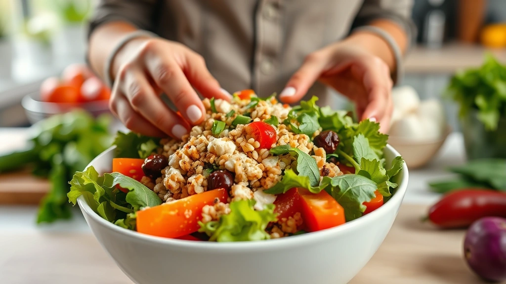 Close-up of hands preparing a diverse salad bowl with mixed vegetables, grains, and protein sources in bright kitchen setting with fresh ingredients visible in background