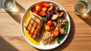 Overhead flat lay of a colorful balanced meal plate with grilled chicken breast, roasted vegetables in vibrant colors, quinoa, and olive oil drizzle on white ceramic plate, natural morning light streaming across wooden table with water glass, no text or labels visible