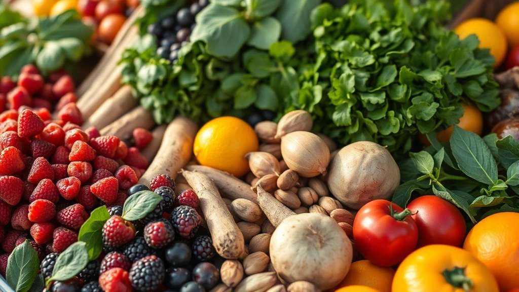 Close-up of diverse fresh produce at farmers market: ripe berries, leafy greens, root vegetables, citrus fruits, and nuts arranged naturally with morning sunlight, professional food photography style, no signage or text visible