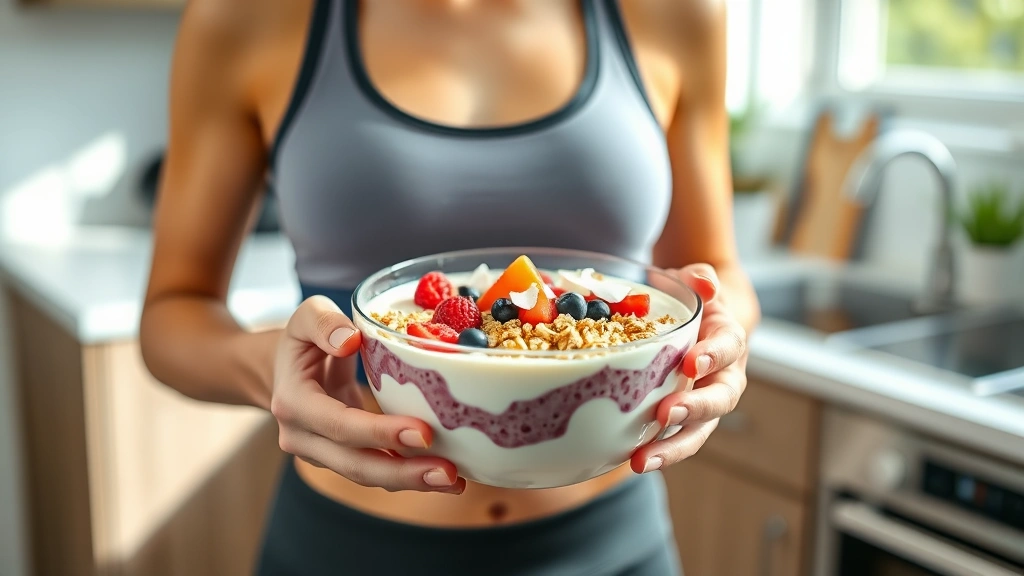 Active person in athletic wear holding a smoothie bowl filled with yogurt, granola, fresh berries and coconut flakes, mid-morning kitchen setting with natural window light, healthy lifestyle aesthetic, no nutritional information or text overlays