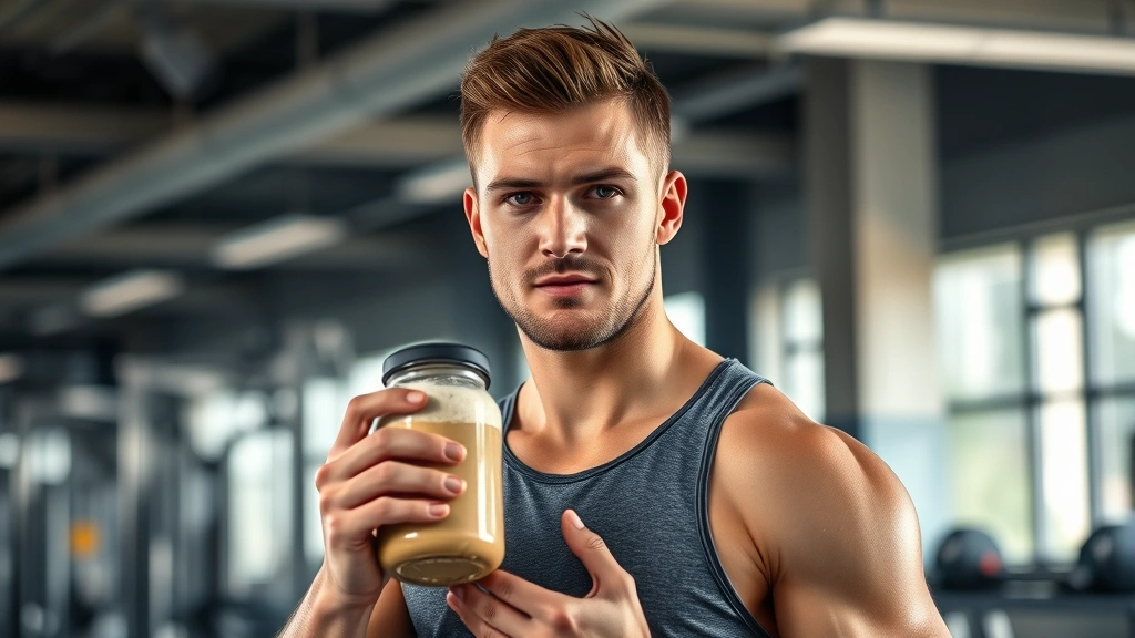 Professional athlete in modern gym environment holding protein powder shake, natural lighting, focused expression, athletic wear, blurred gym equipment background, photorealistic