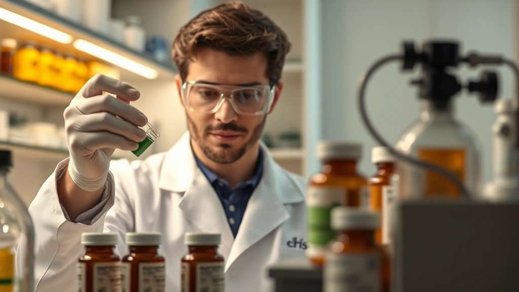 Laboratory technician examining supplement bottles under controlled conditions, white coat, professional setting, quality testing equipment visible, natural scientific atmosphere, no text visible