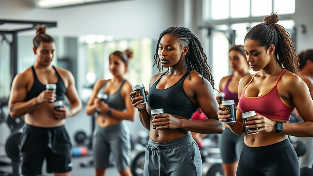 Diverse fitness enthusiasts of different body types in gym setting using supplements post-workout, natural lighting, motivational environment, various training equipment, inclusive representation