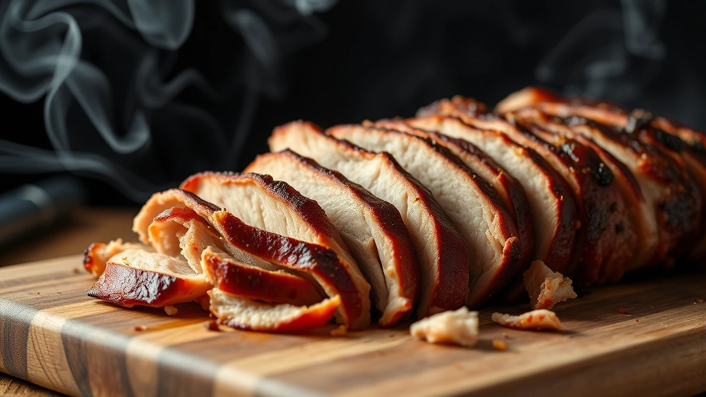 Close-up of sliced pulled pork on wooden cutting board with smoke wisps in background, showing tender meat texture and natural color without any text or labels visible
