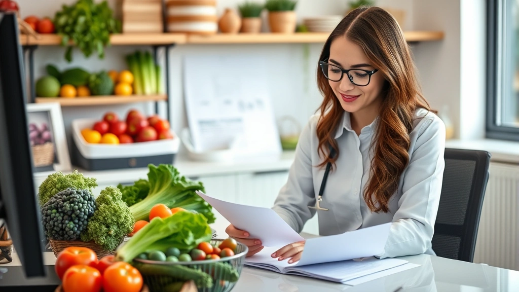 Nutritionist or dietitian reviewing meal plans at desk with fresh vegetables, lean proteins, and whole grains visible in the background, professional health-focused environment without screens or text visible