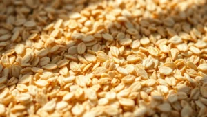 Close-up of dry rolled oats with natural sunlight creating shadows, organic texture detail, whole grain particles visible, warm beige tones, shallow depth of field focusing on oat flakes