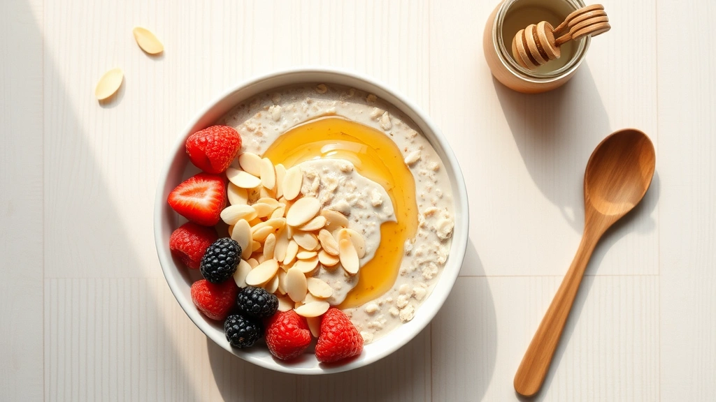 Overhead flat lay of complete breakfast bowl with plain oatmeal, fresh berries, sliced almonds, honey drizzle, wooden spoon, natural morning light on light wood table surface