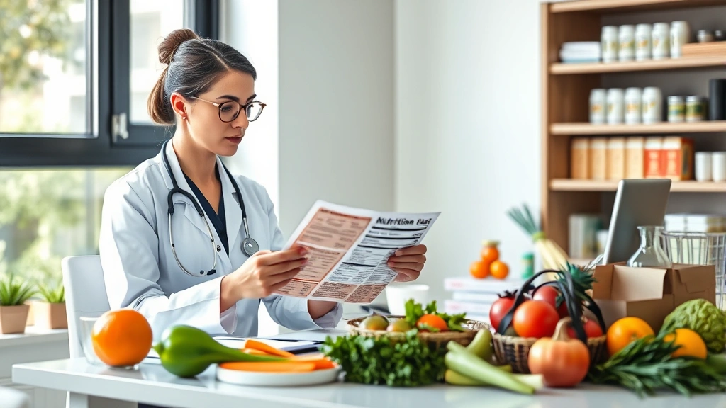 Nutritionist or dietitian reviewing nutrition labels and food products at desk with fresh ingredients, professional healthcare setting, natural lighting through window, focused analytical expression