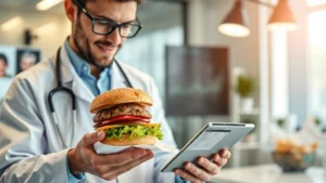 Professional nutritionist analyzing burger nutritional data on tablet in modern clinic setting, warm lighting, focused expression examining nutrition facts