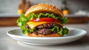 Close-up of a quarter pound beef burger with melted cheese, sesame seed bun, fresh lettuce and tomato slice, photographed on a modern white plate against a neutral kitchen counter background, professional food photography, natural lighting, depth of field effect