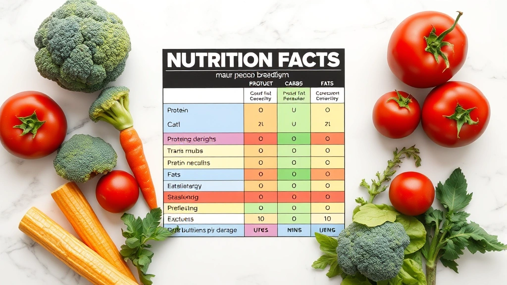 Flat lay nutrition facts comparison chart showing macronutrient breakdown with colorful icons for protein, carbs, and fats, surrounded by fresh vegetables like broccoli and tomatoes on white marble surface, clean minimalist design, no text overlays