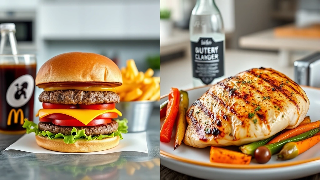 Split-screen image: left side shows a Quarter Pounder burger with fries and soda, right side shows a grilled chicken breast with roasted vegetables and water, modern kitchen setting, professional food styling, natural daylight, comparison aesthetic