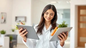 Professional dietitian reviewing nutritional data on tablet, holding fresh vegetables and beef, modern bright clinic office background, natural lighting
