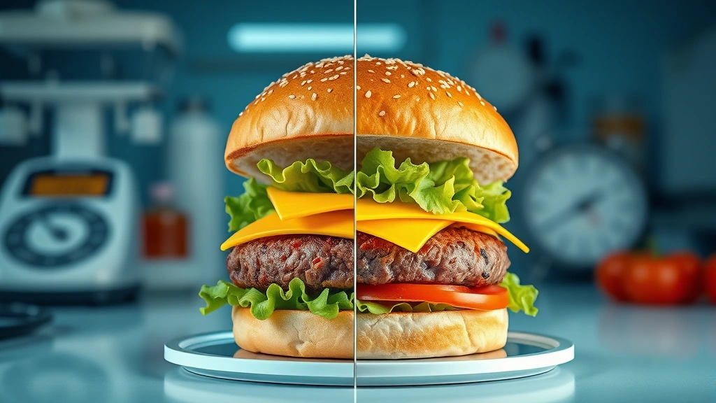 Split-screen comparison of burger ingredients deconstructed: beef patty, cheese slice, bread bun, with nutritional measurement tools and scale, clinical nutrition laboratory setting