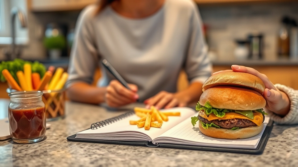 Person meal planning at kitchen counter with notebook, healthy food items and fast-food burger visible, demonstrating balanced dietary integration, warm home lighting