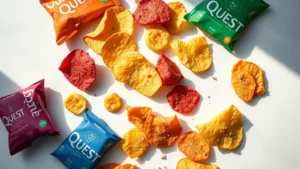 Close-up overhead shot of colorful Quest Chips varieties spread on a modern white surface with natural daylight streaming across, showing texture and seasoning details without any packaging text visible
