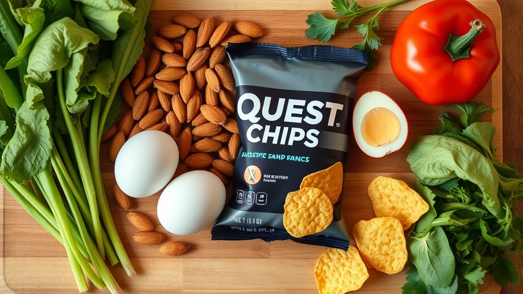 Flat lay arrangement of nutritional elements including fresh vegetables, almonds, eggs, and a small portion of Quest Chips on a wooden cutting board, photographed from above with warm ambient lighting showing whole foods versus processed snack contrast